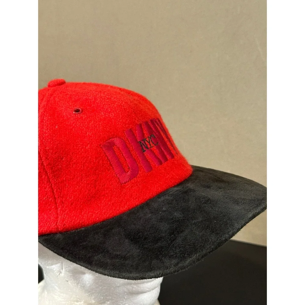 Vintage‎ DKNY NYC Red Wool Black Suede Brim Baseball Cap Hat Made in USA
